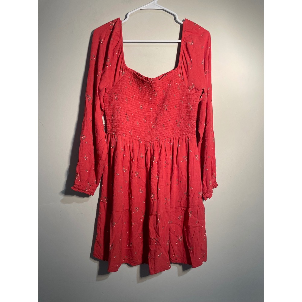 American Eagle Red Dainty Floral Smocked Long Sleeve Mini Dress Size Large